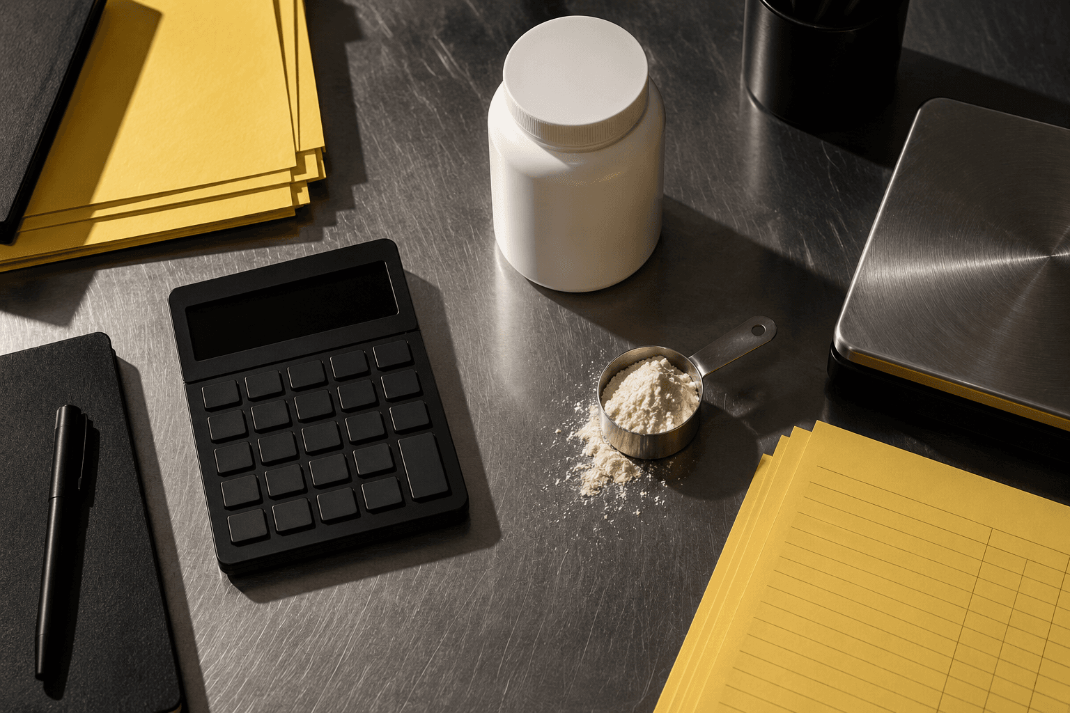 An unmarked calculator, scoop and blank yellow ledger sheets on a steel tabletop