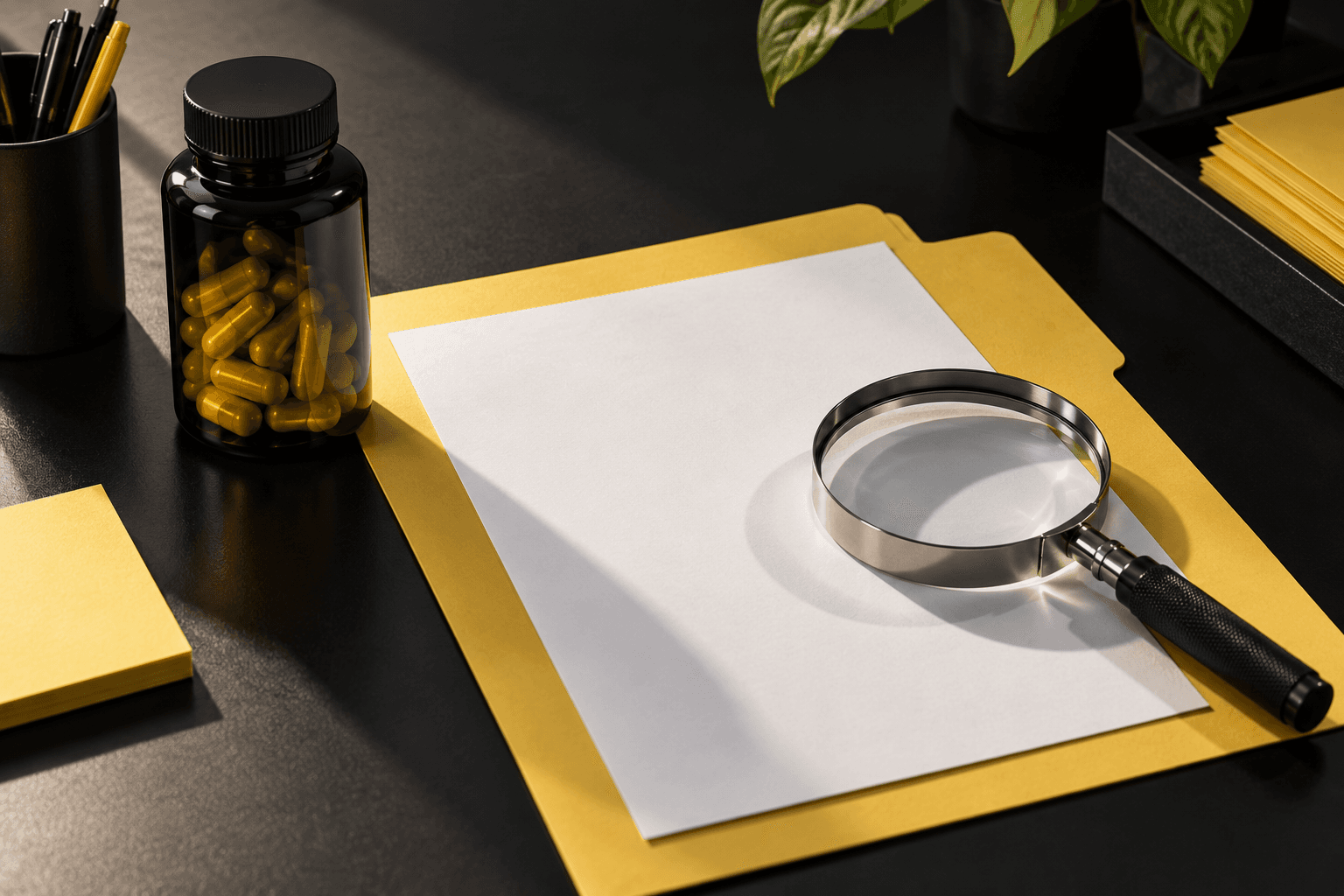 A blank report sheet, unmarked bottle and steel magnifier on an amber filing folder